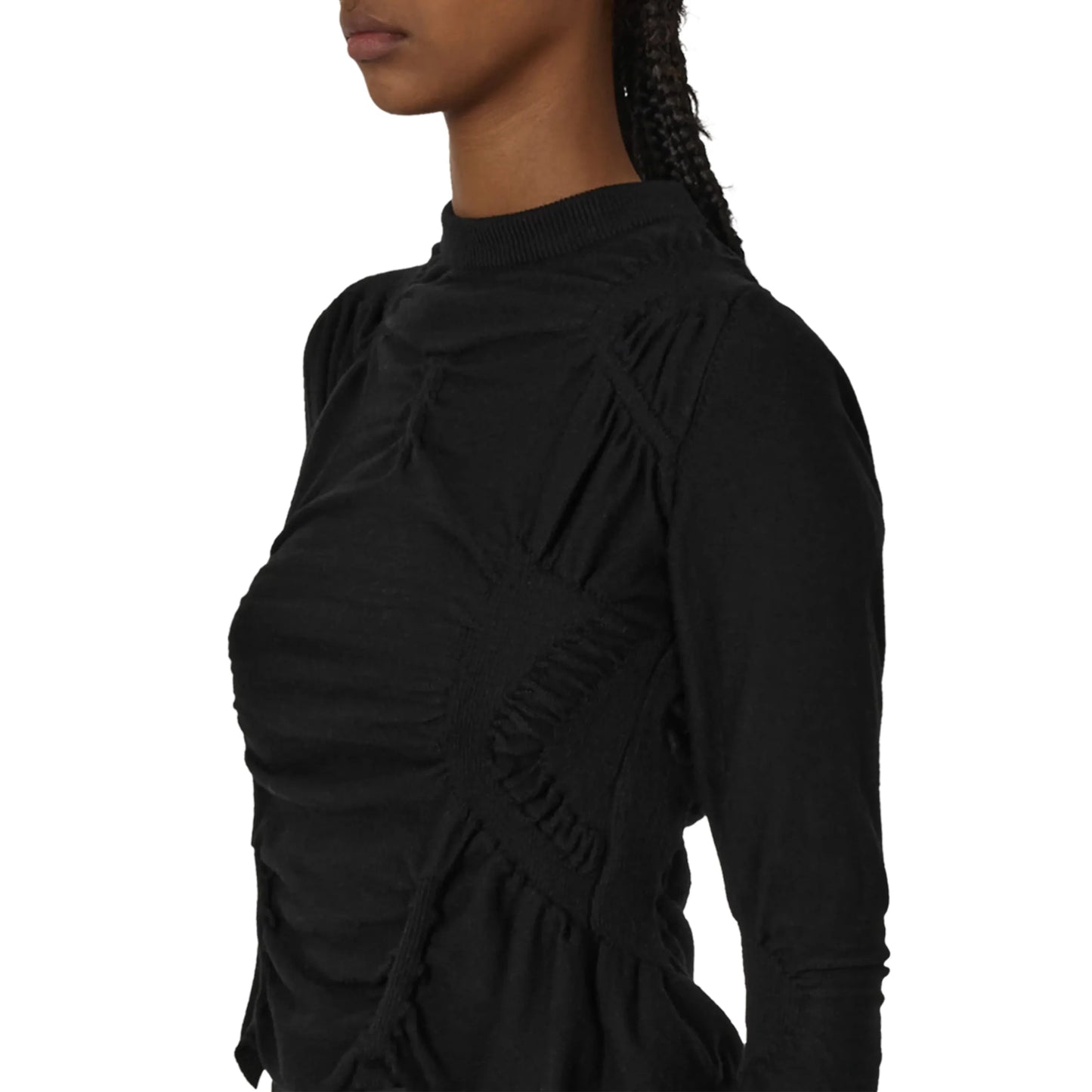 ROA PINCHED Wool Knit Top Black 着用画像 首元詳細