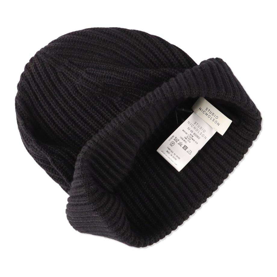 STUDIO NICHOLSON 5GG MERINO FISHERMAN RIB KNIT HAT "NEAM" BLACK【SNM-1014】(N)