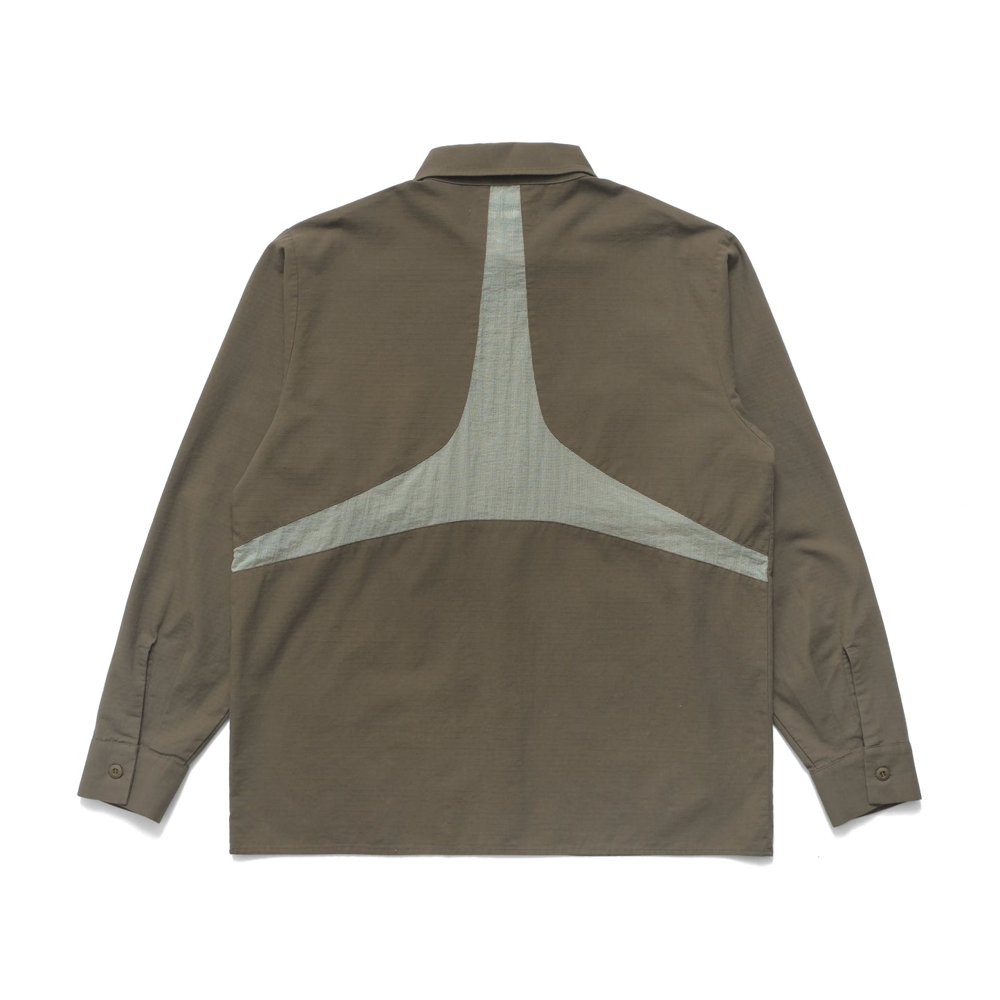 METALWOOD STUDIO PANELED WORK SHIRT olive バックデザイン 背面シルエット