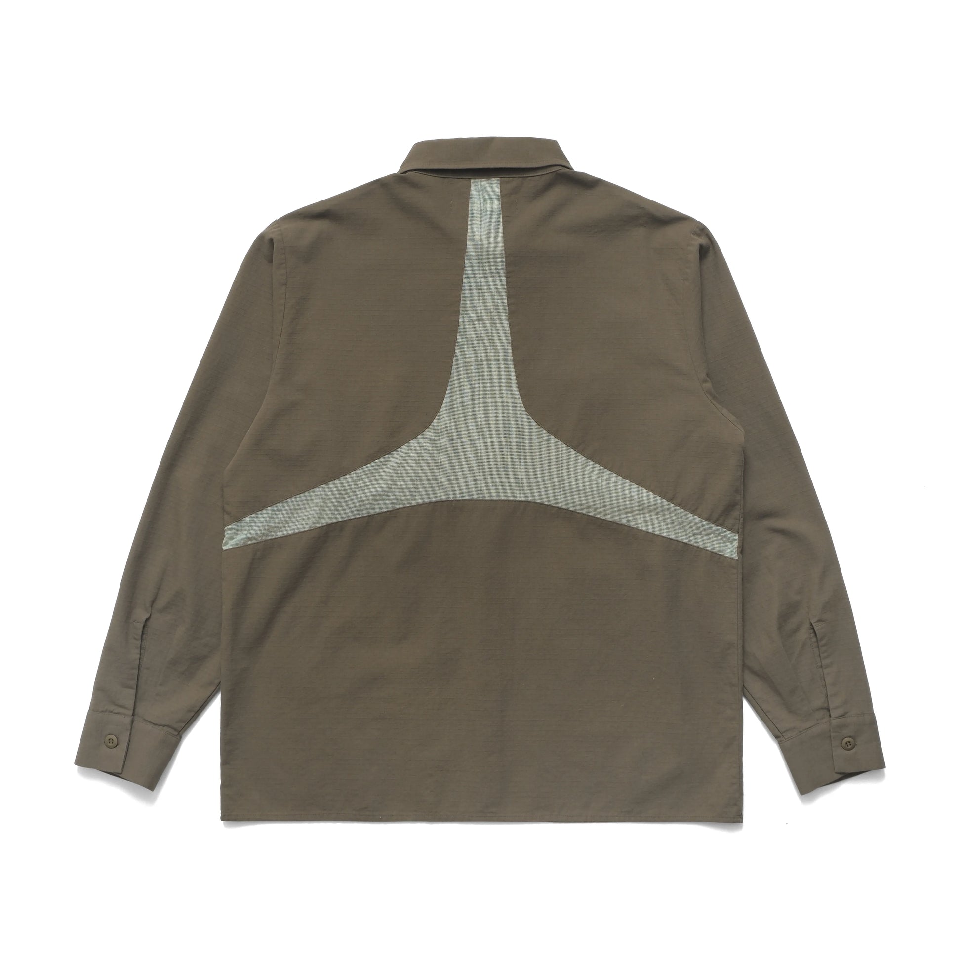 METALWOOD STUDIO PANELED WORK SHIRT olive バックデザイン 背面シルエット