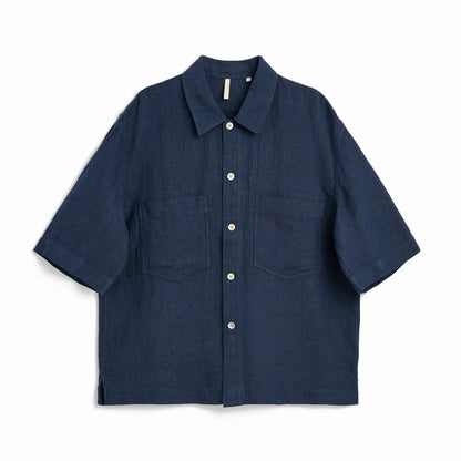 SUNFLOWER ADAM SHIRT Navy フロントデザイン 半袖シャツ 全体ビュー