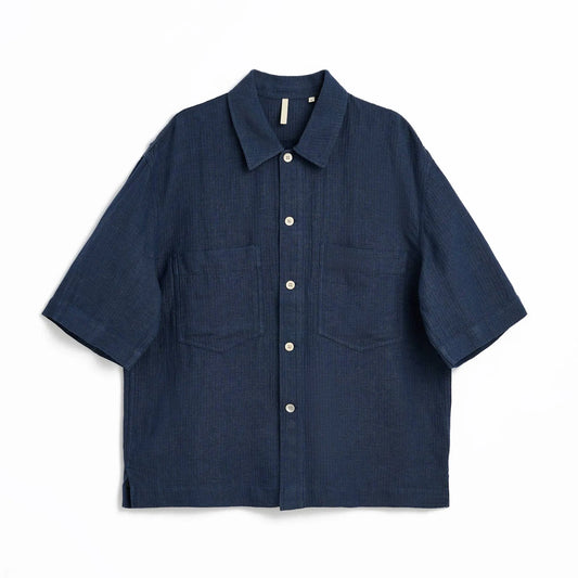 SUNFLOWER ADAM SHIRT Navy フロントデザイン 半袖シャツ 全体ビュー