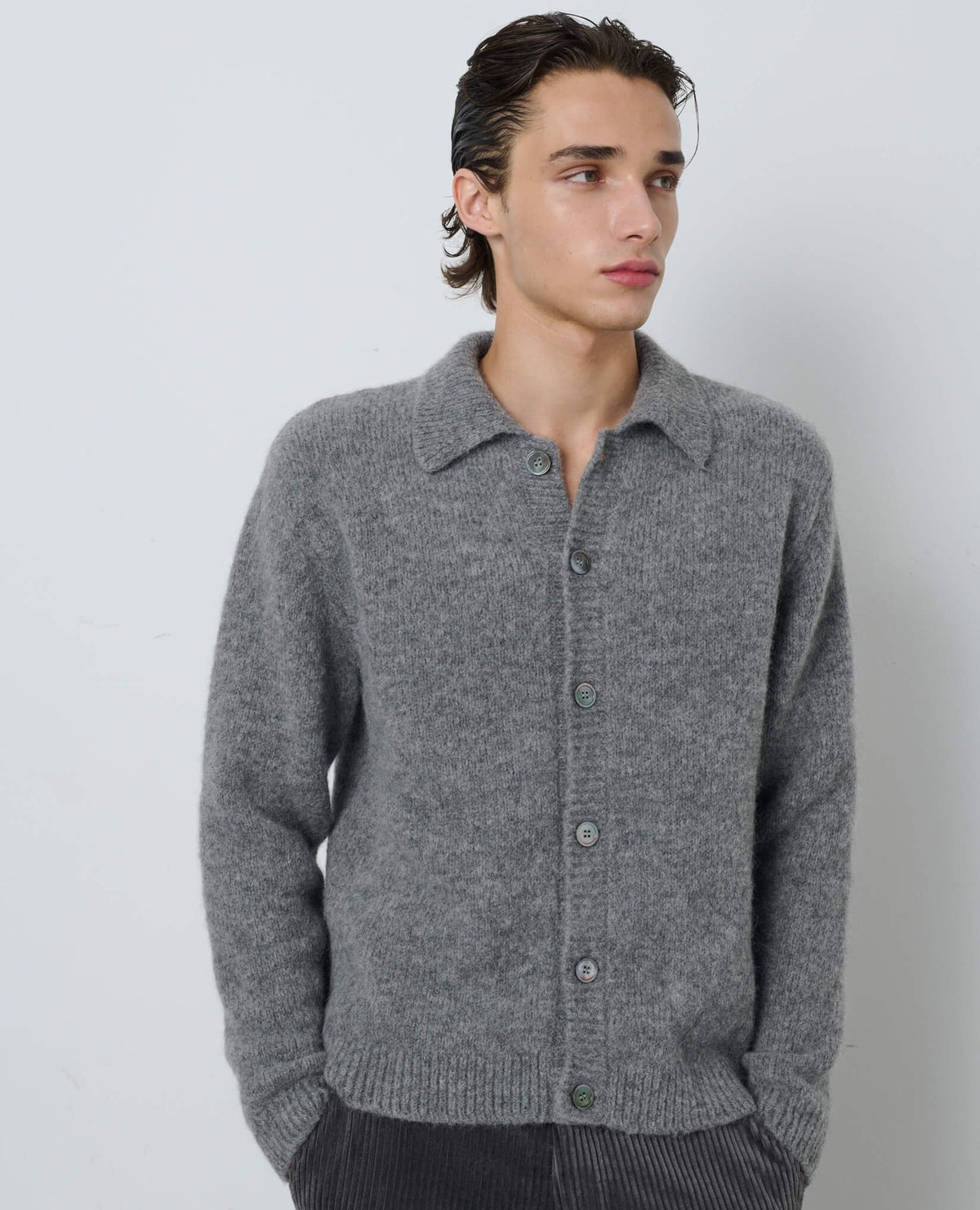SUNFLOWER Alpaca Cardigan Grey Melange 着用イメージ 正面