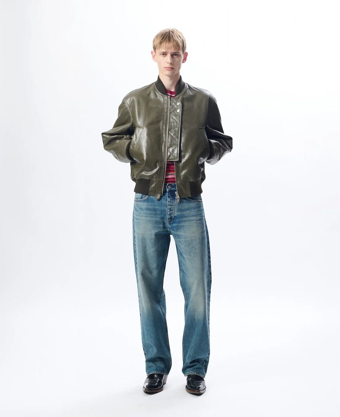 SUNFLOWER Leather Flight Jacket Green【6058】(N) 着用写真 正面