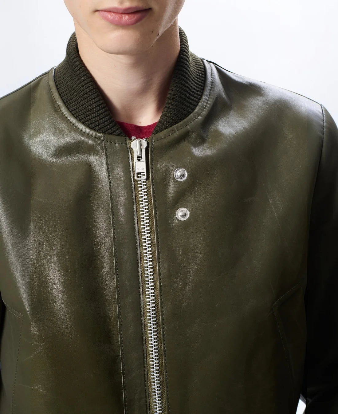 SUNFLOWER Leather Flight Jacket Green【6058】(N)  着用写真 首元