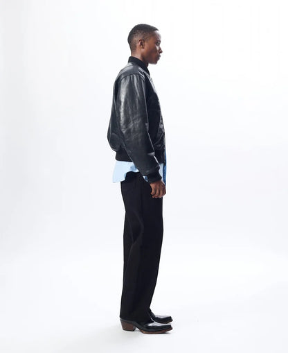 SUNFLOWER Leather Flight Jacket Black【6057】(N) 着用写真 側面