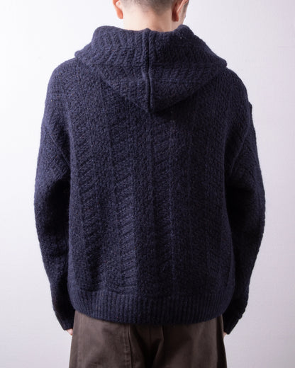 ENCOMING Knitted Mohair Hoodie Navy 着用イメージ 背面