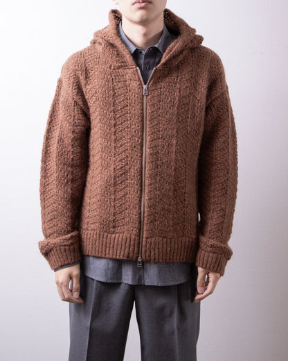 ENCOMING Knitted Mohair Hoodie Brown 着用イメージ 正面