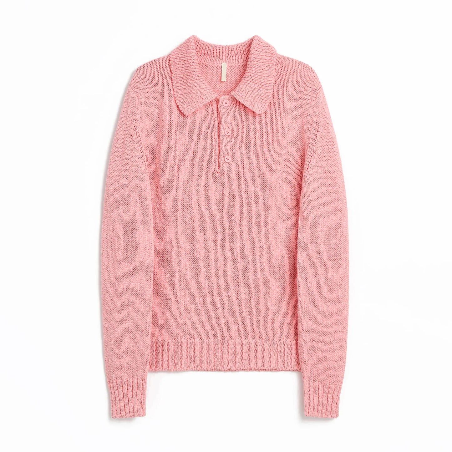 SUNFLOWER LINEN POLO Pink フロントデザイン 長袖ポロニット 全体ビュー