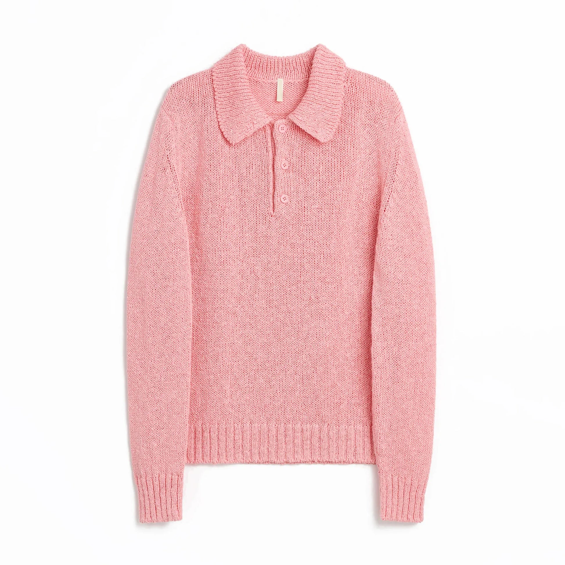 SUNFLOWER LINEN POLO Pink フロントデザイン 長袖ポロニット 全体ビュー