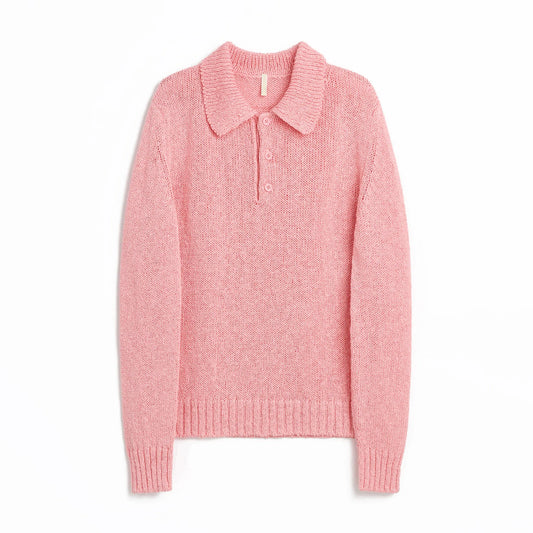 SUNFLOWER LINEN POLO Pink フロントデザイン 長袖ポロニット 全体ビュー