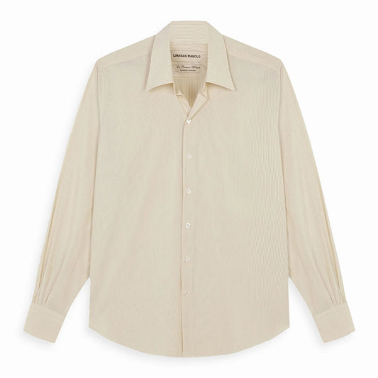 CAMISAS MANOLO Normal Shirt Pale Yellow Black Stripes コットンポプリン ストライプシャツ フロント