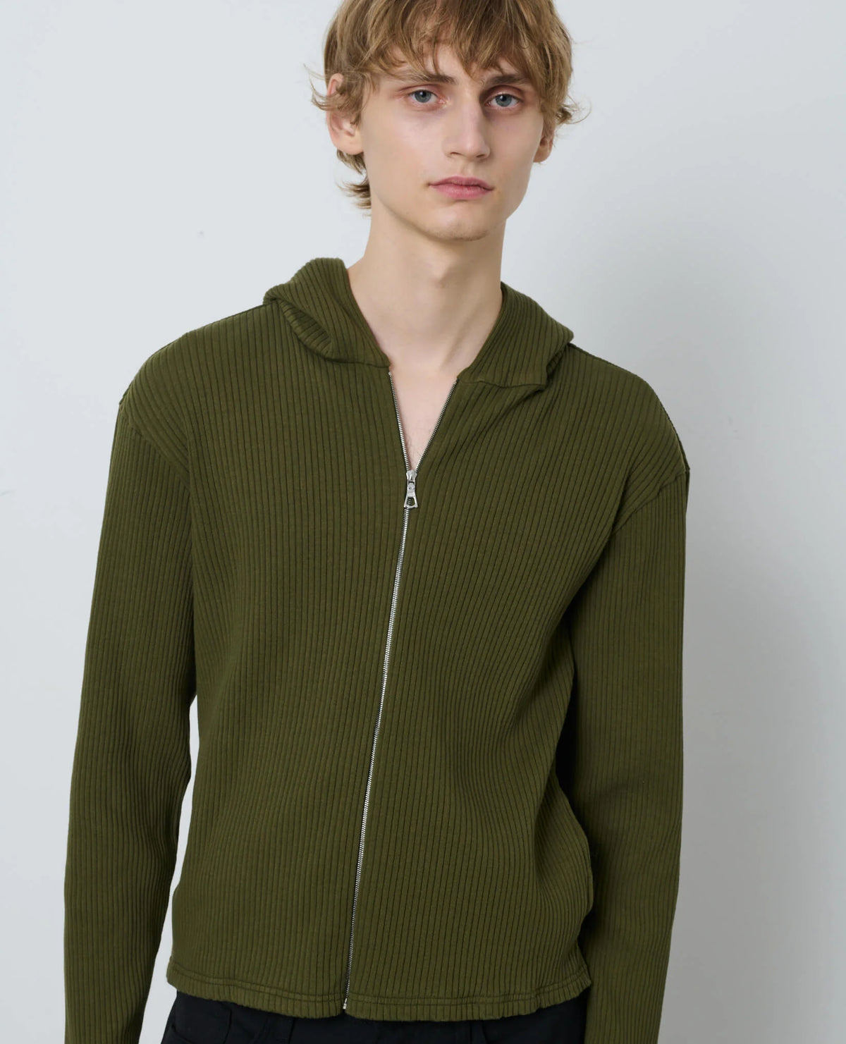 SUNFLOWER Rib Zip Sweat Green 着用イメージ 正面