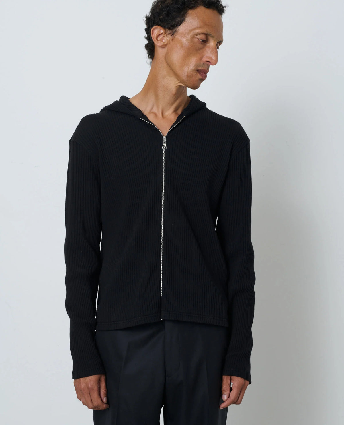 SUNFLOWER Rib Zip Sweat Black 着用イメージ 正面