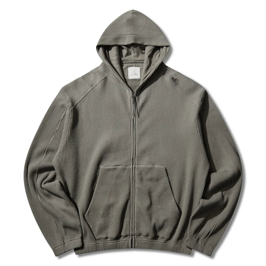 ROA BEE Sun Faded Organic Waffle Zip Up Hoodie Grey フロントデザイン フーディー 全体ビュー