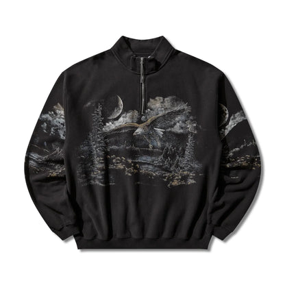 ROA Fai Half Zip Sweater Washed Black フロントデザイン 長袖ハーフジップスウェット 全体ビュー