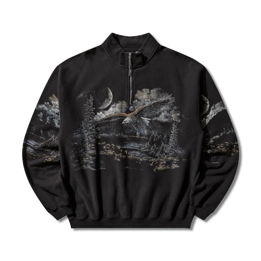 ROA Fai Half Zip Sweater Washed Black フロントデザイン 長袖ハーフジップスウェット 全体ビュー