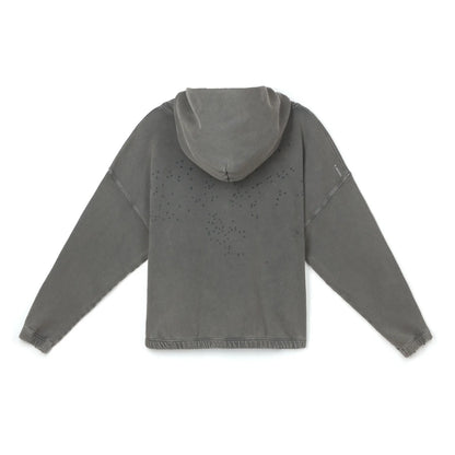SATISFY MothTech™ Hoodie Faded Blackの背面。フードとリブ仕様の袖口、裾を備えたバックデザイン。