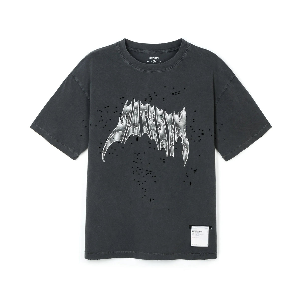 SATISFY MothTech™ T-Shirt Aged Black AirBrush Glitterの正面。グリッターロゴと通気孔が特徴のブラックTシャツ。