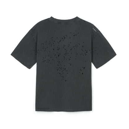 SATISFY MothTech™ T-Shirt Aged Black AirBrush Glitterの背面。背中上部にMothTech™の通気孔を配置したデザイン。