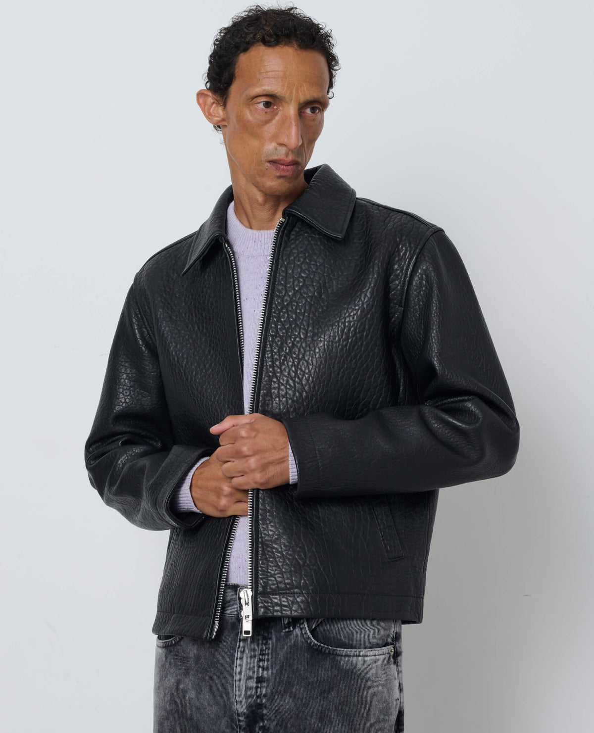 SUNFLOWER Short Leather Jacket Black 着用イメージ 正面