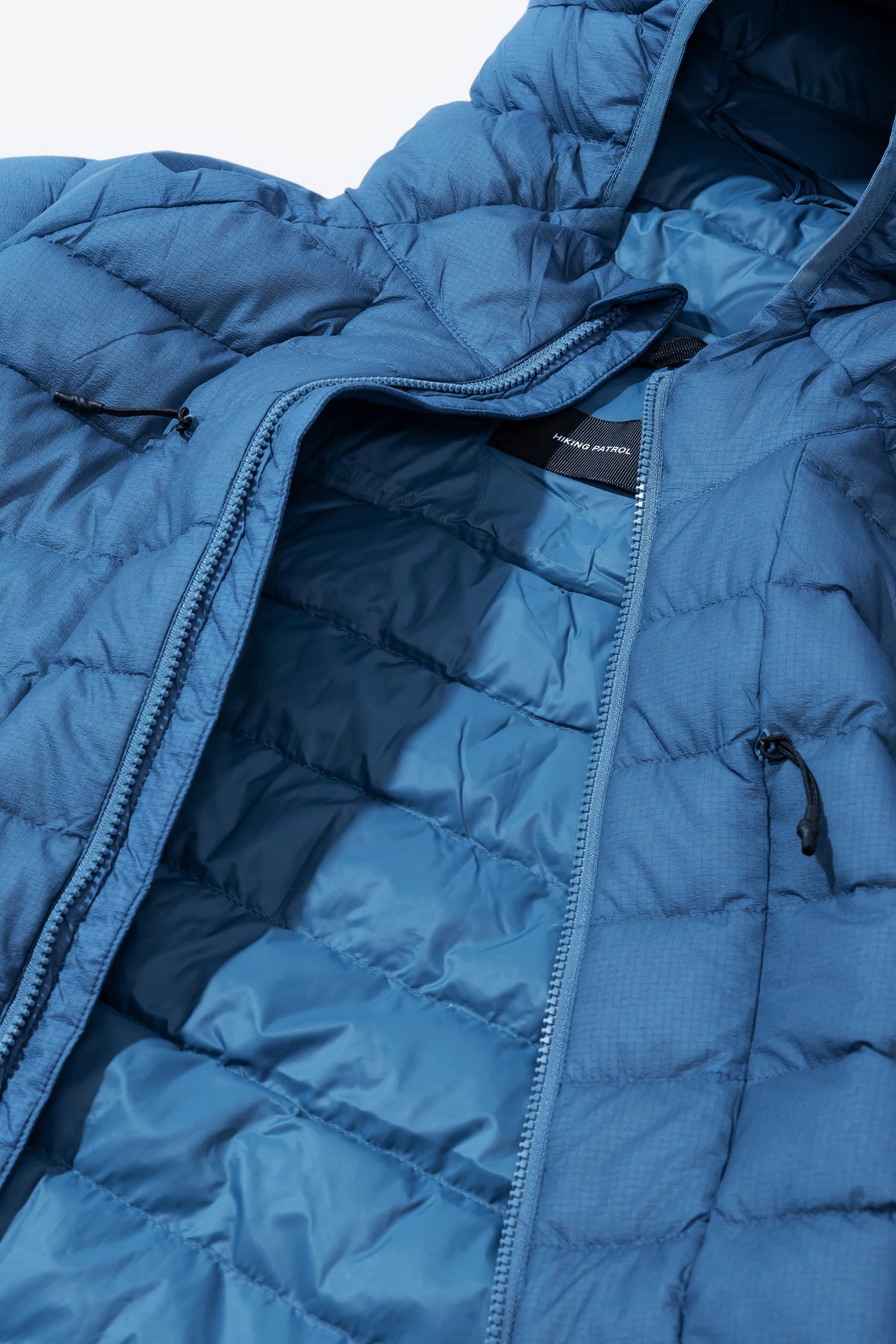Hiking Patrol Horizon UL 800FP Hooded Down Jacket Slate Blue 開口部 ジップ