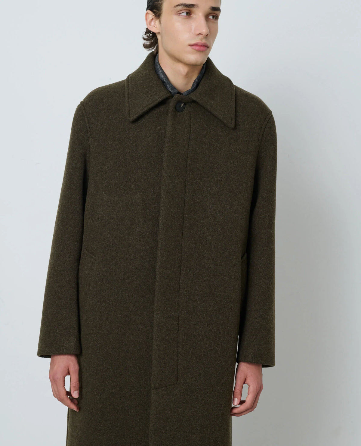 SUNFLOWER Winter Coat Green Moss 着用イメージ LOOK ウール素材